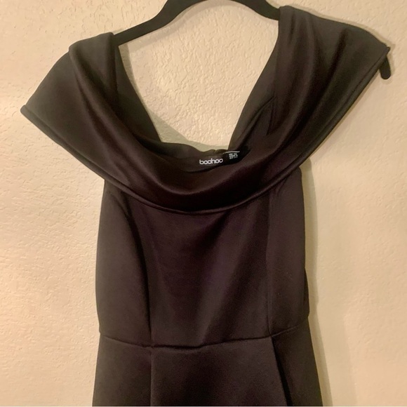 Boohoo Midi Dress Sz 6 Black Gown Off the Shoulder Hi-Low Heavy Sleeveless - Picture 10 of 14